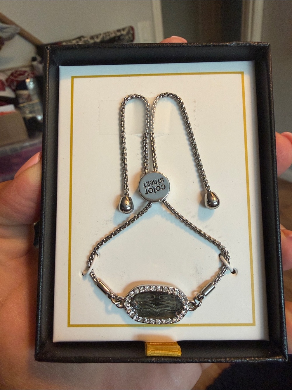 Color Street Silver Hematite Centerstone Slider Bracelet with Crystal Halo